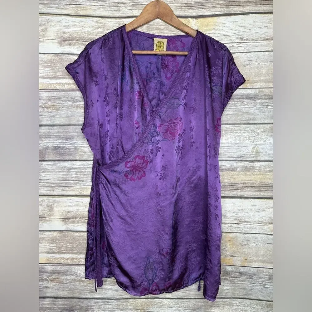 URU Purple Satin Silk V-Neck Sleep Set - Women's Two-Piece Loungewear L